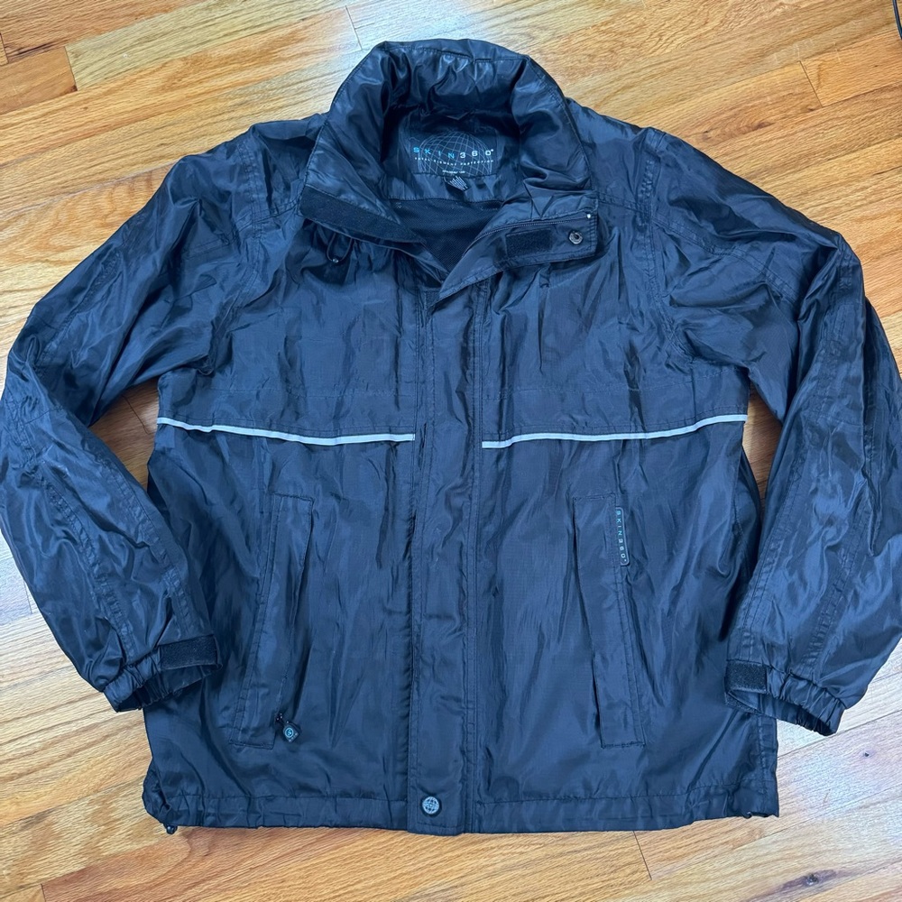 Skin360 Mens Size Medium Shell Windbreaker Full Zip Hooded Jacket Black